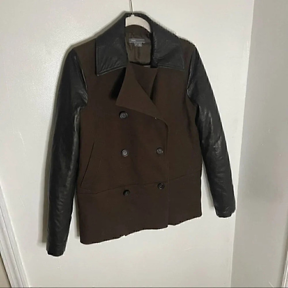 Vince Double Breasted Brown Pea Coat with Faux Leather Sleeves and Collar - Picture 5 of 9